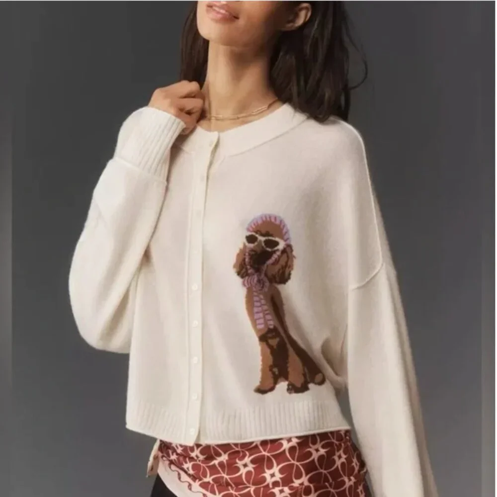 Anthropologie The Goldie Crew Neck Cashmere Blend Dog Cardigan Sweater S - Picture 1 of 10